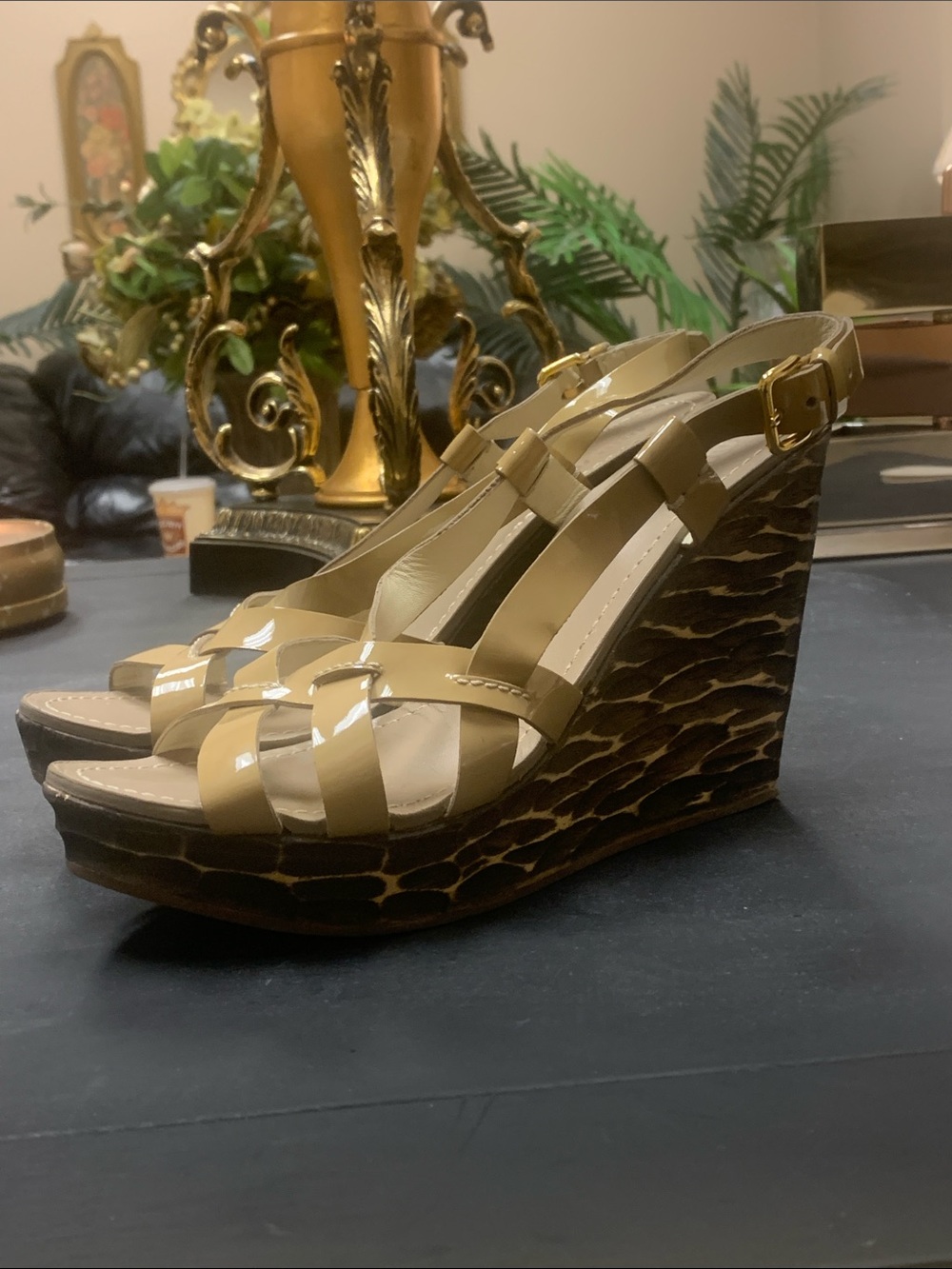 Miu Miu tan patent Leather Wedge Sandals 39.5
